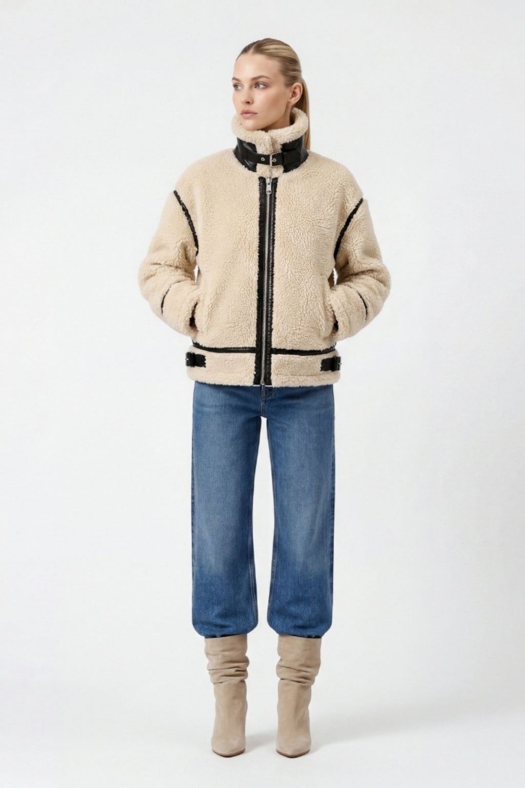 Elle Delia Cropped Faux-Shearling Aviator Jacket Beige RRP £279