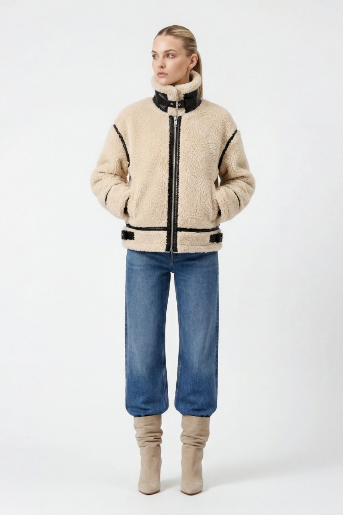 Elle Delia Cropped Faux-Shearling Aviator Jacket Beige RRP £279