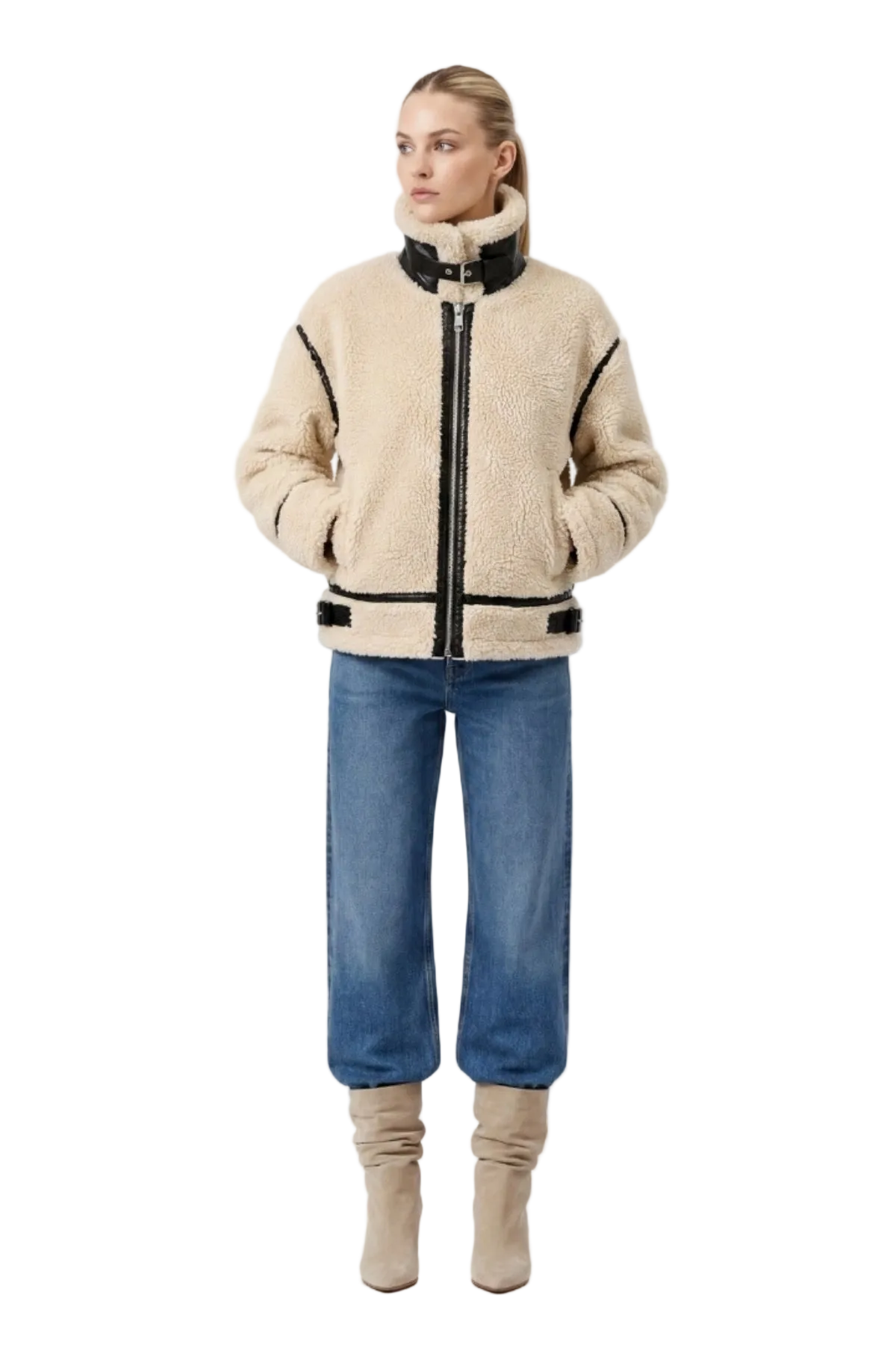 Elle Delia Cropped Faux-Shearling Aviator Jacket Beige RRP £279
