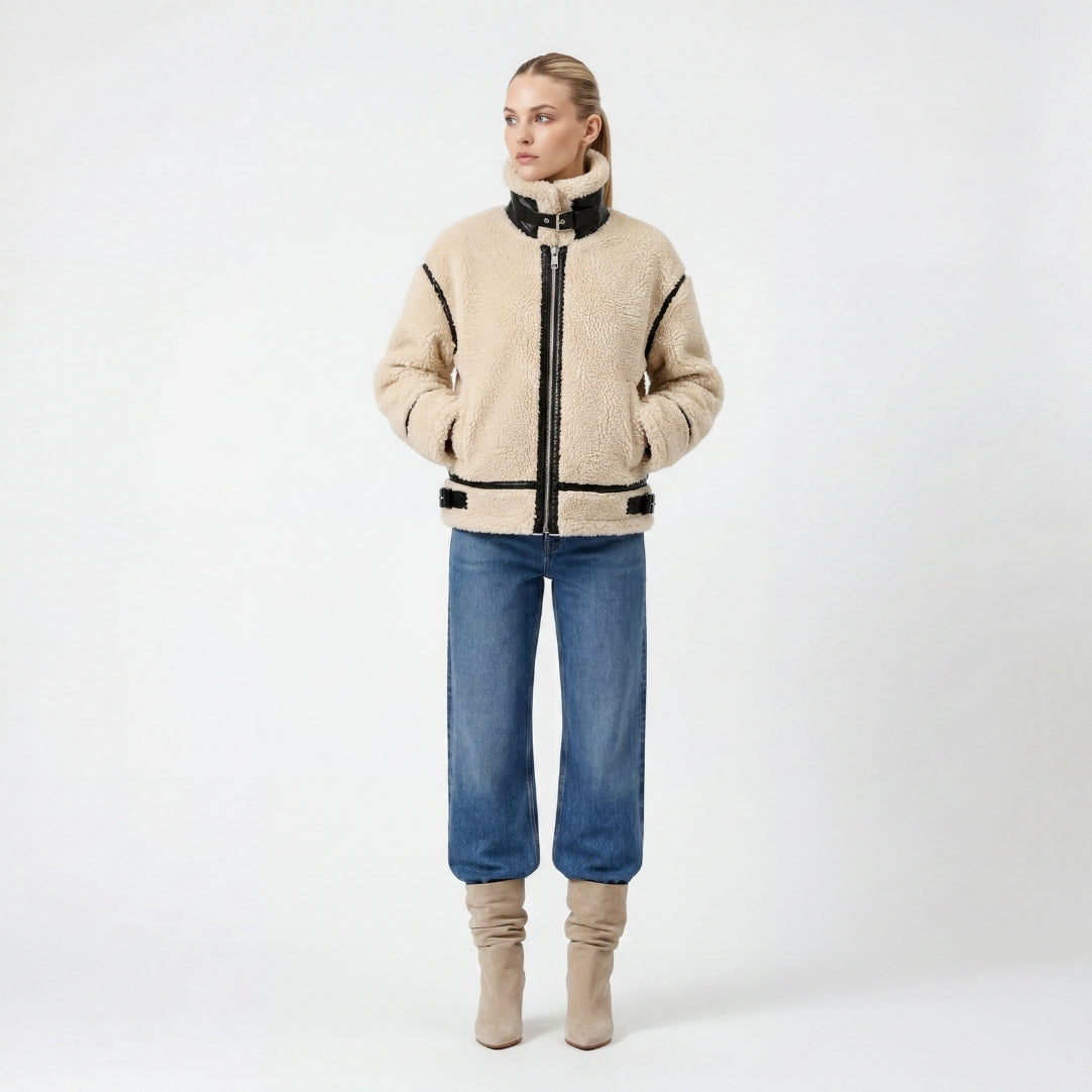 Elle Delia Cropped Faux-Shearling Aviator Jacket Beige RRP £279