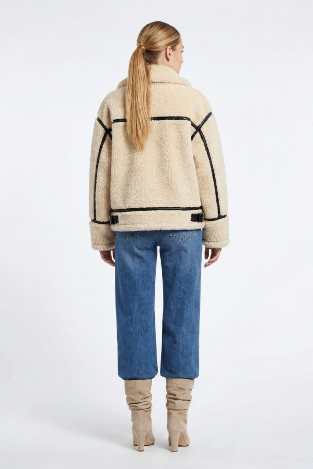 Elle Delia Cropped Faux-Shearling Aviator Jacket Beige RRP £279