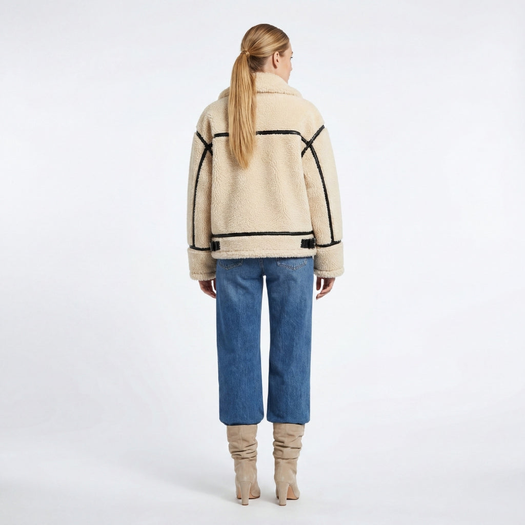 Elle Delia Cropped Faux-Shearling Aviator Jacket Beige RRP £279