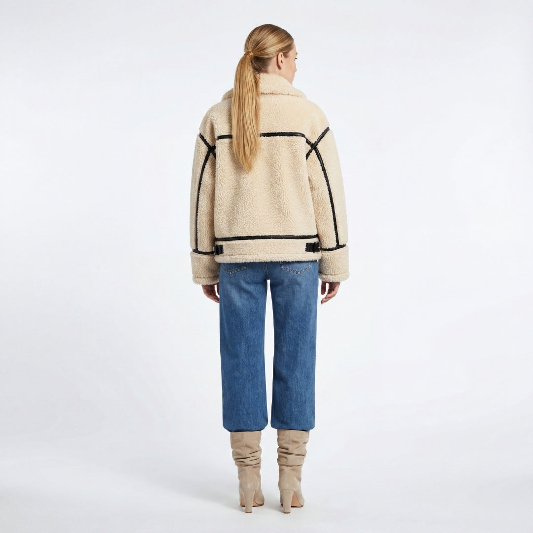 Elle Delia Cropped Faux-Shearling Aviator Jacket Beige RRP £279