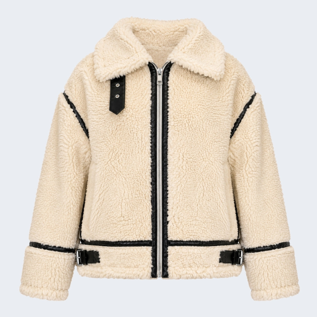Elle Delia Cropped Faux-Shearling Aviator Jacket Beige RRP £279
