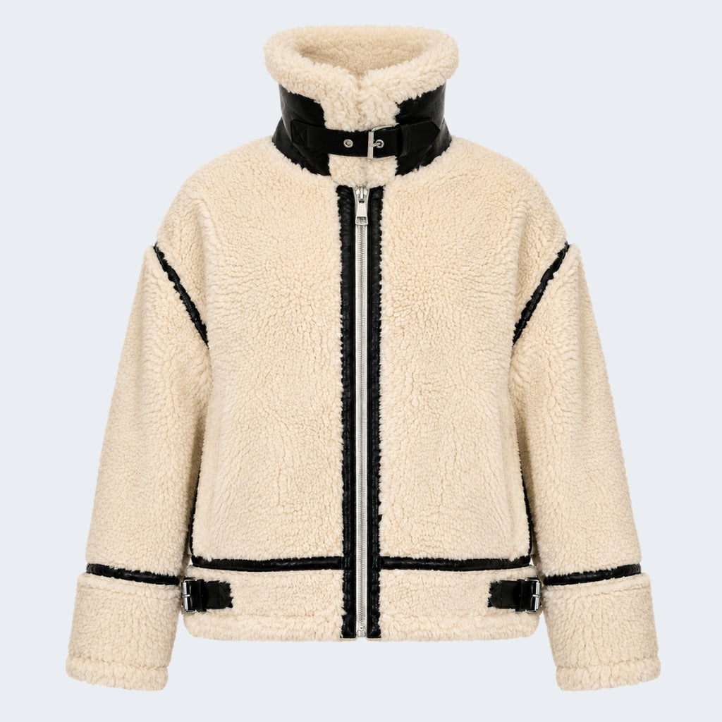 Elle Delia Cropped Faux-Shearling Aviator Jacket Beige RRP £279