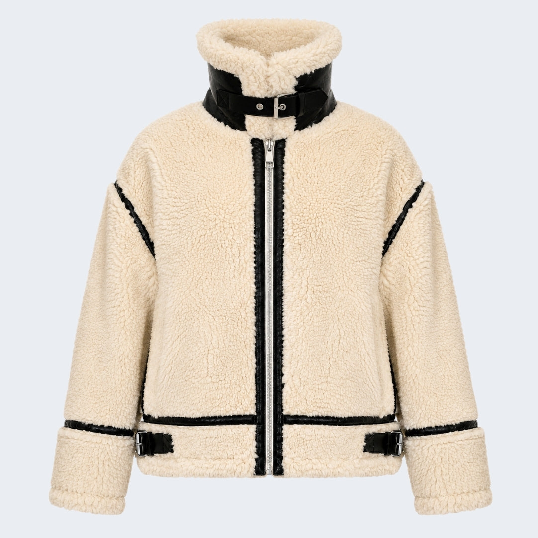 Elle Delia Cropped Faux-Shearling Aviator Jacket Beige RRP £279