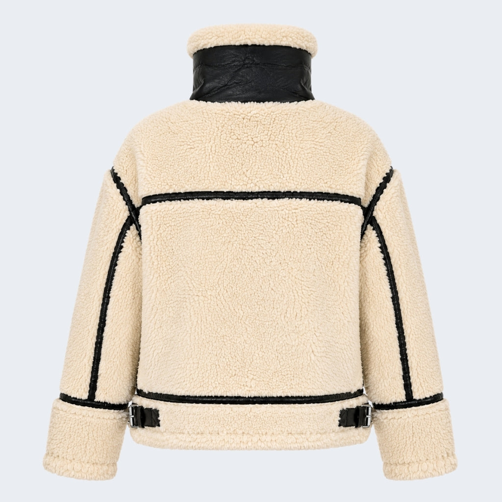 Elle Delia Cropped Faux-Shearling Aviator Jacket Beige RRP £279