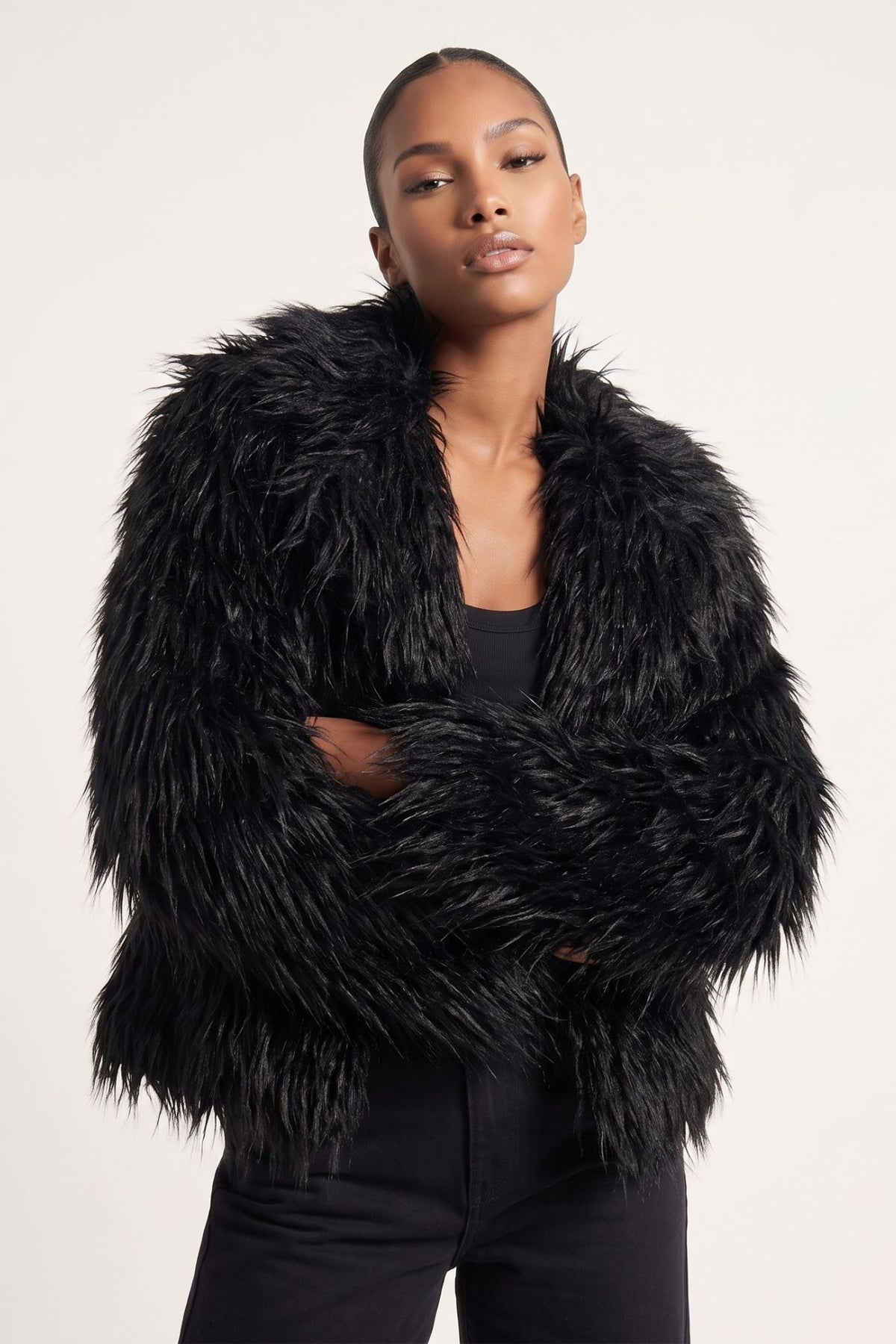 Jayla Boxy Fur Coat in Black