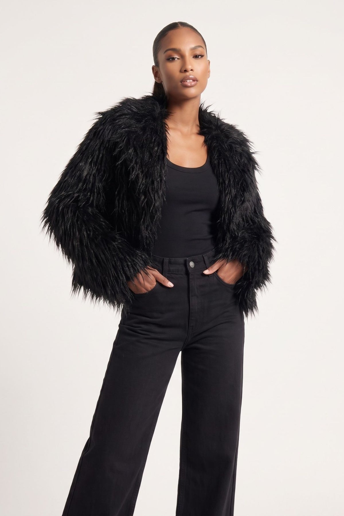 Jayla Boxy Fur Coat in Black