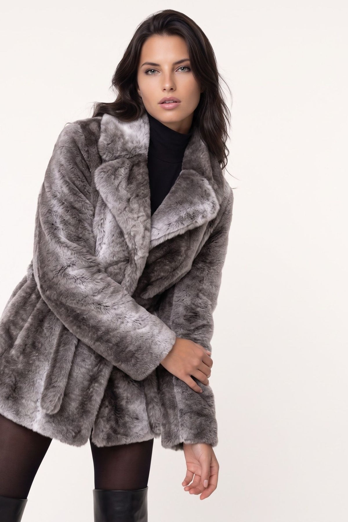 Sabine Belted Fur Coat in Grey