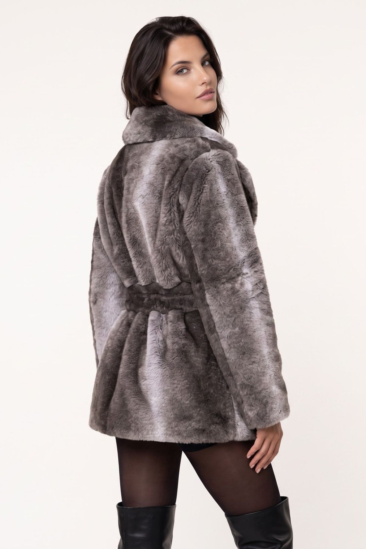 Sabine Belted Fur Coat in Grey