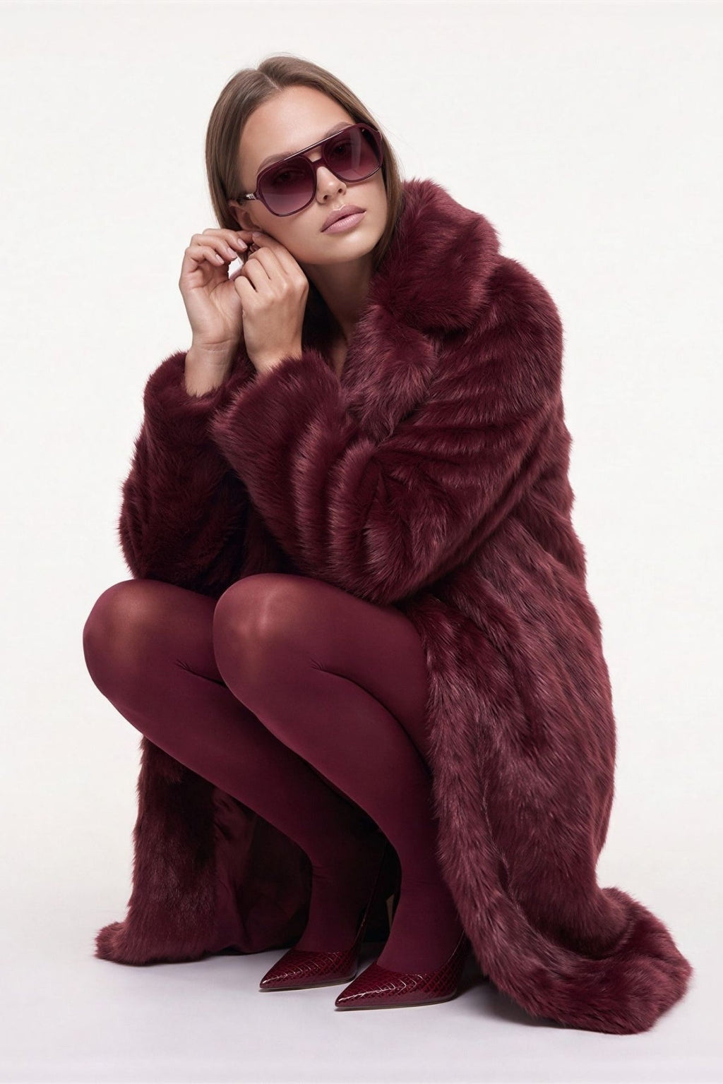 Solene Long Fur Coat in Burgundy
