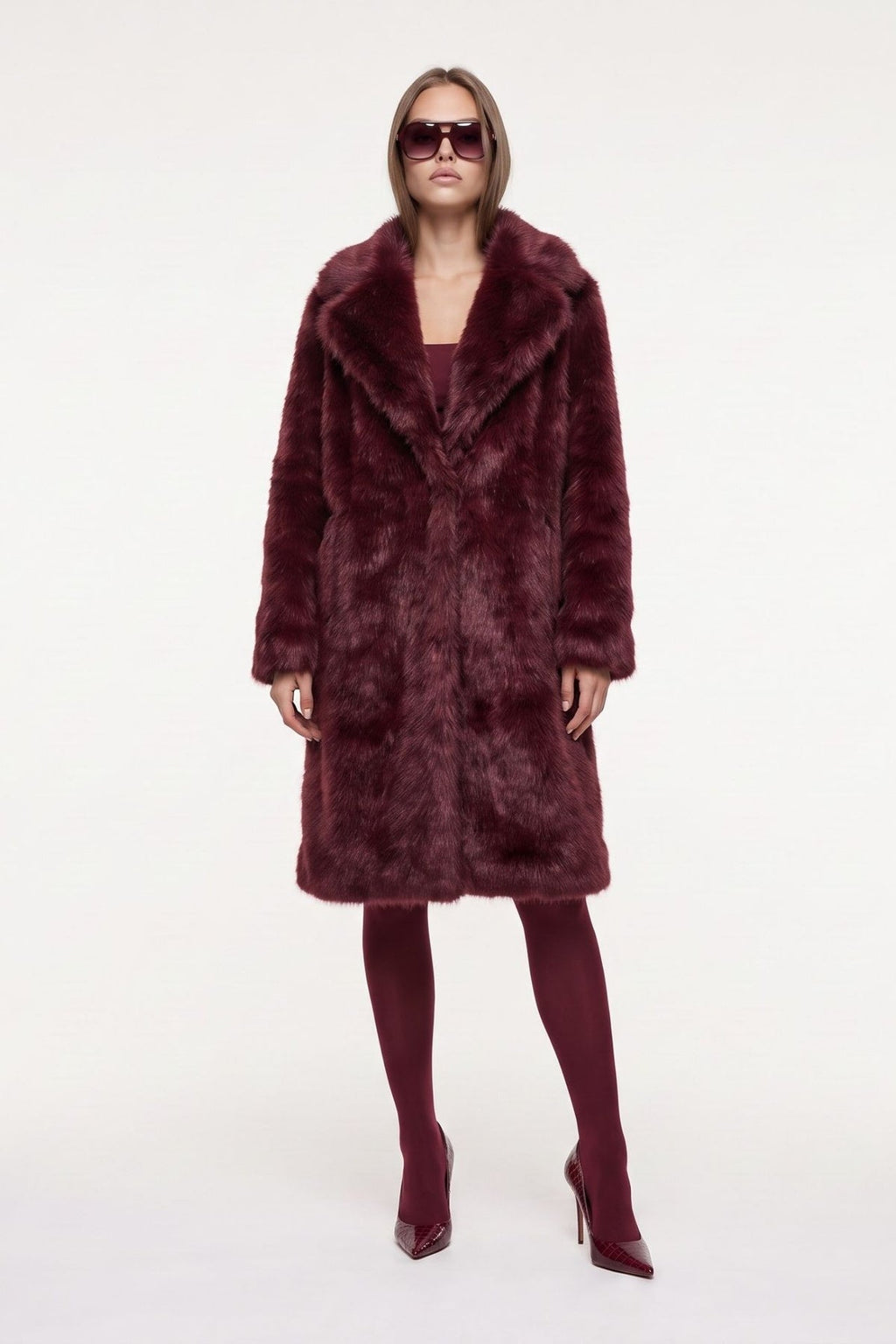 Solene Long Fur Coat in Burgundy