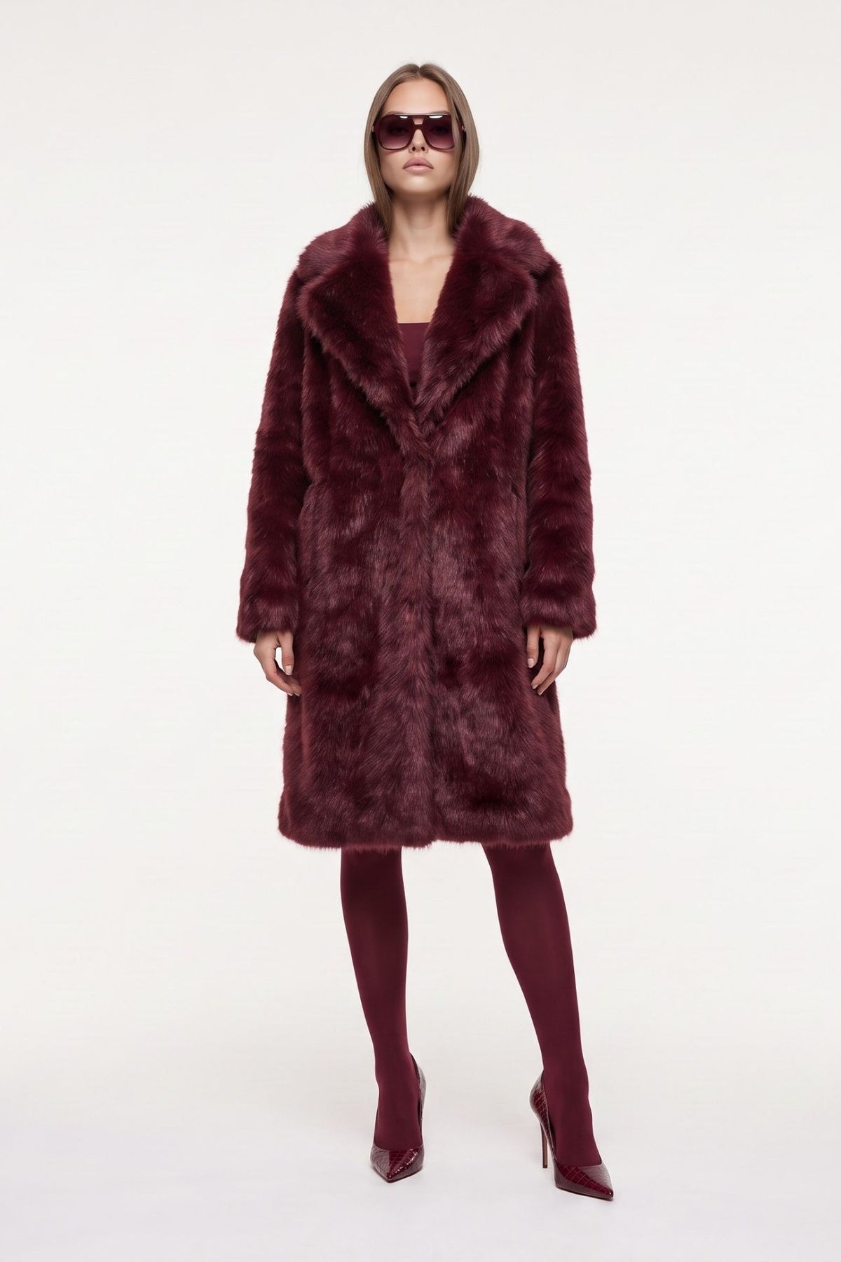 Solene Long Fur Coat in Burgundy