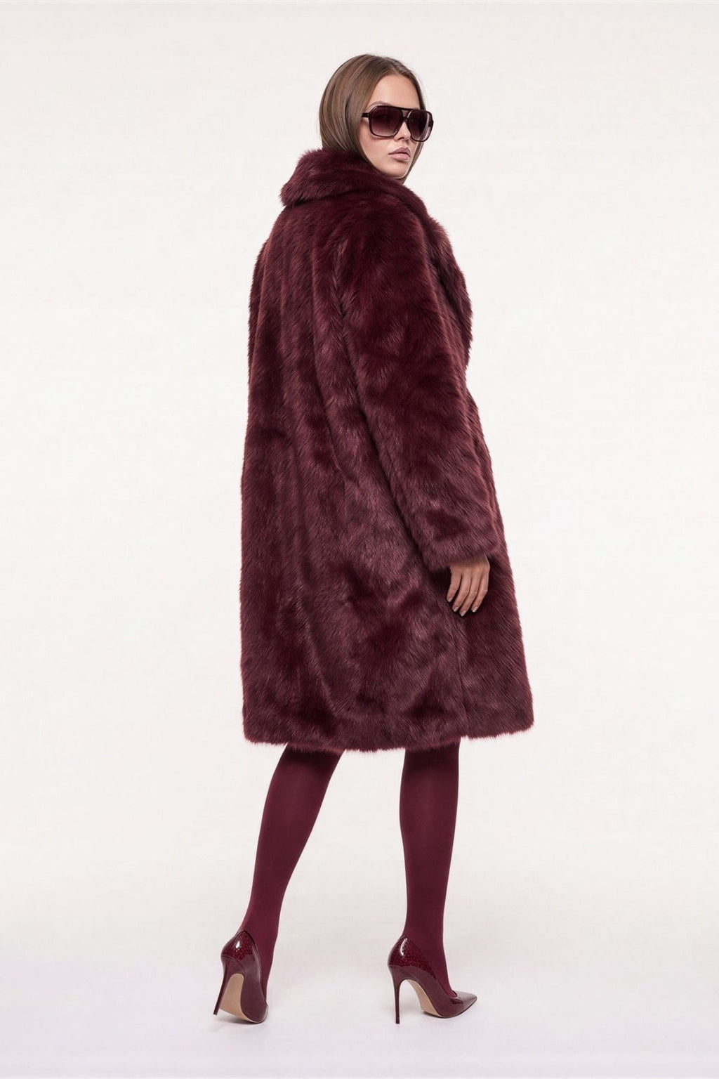 Solene Long Fur Coat in Burgundy