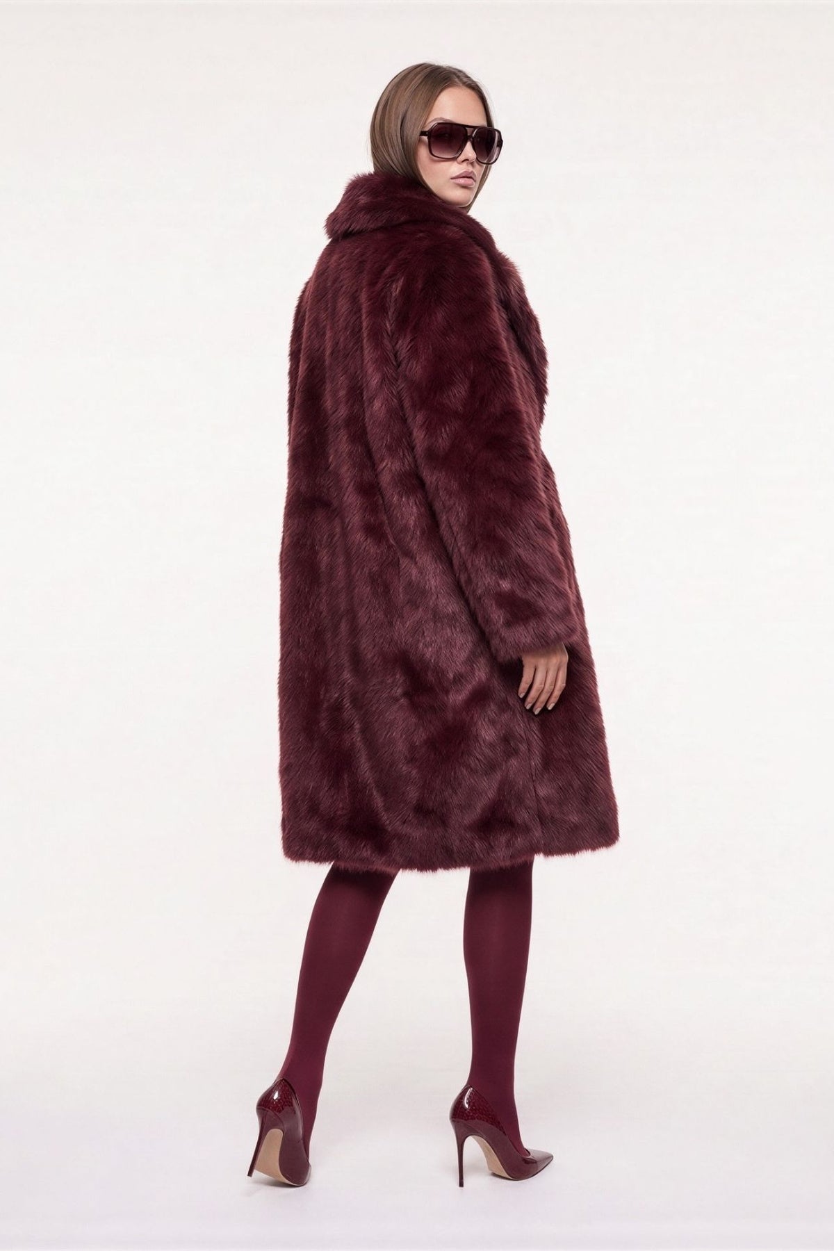 Solene Long Fur Coat in Burgundy