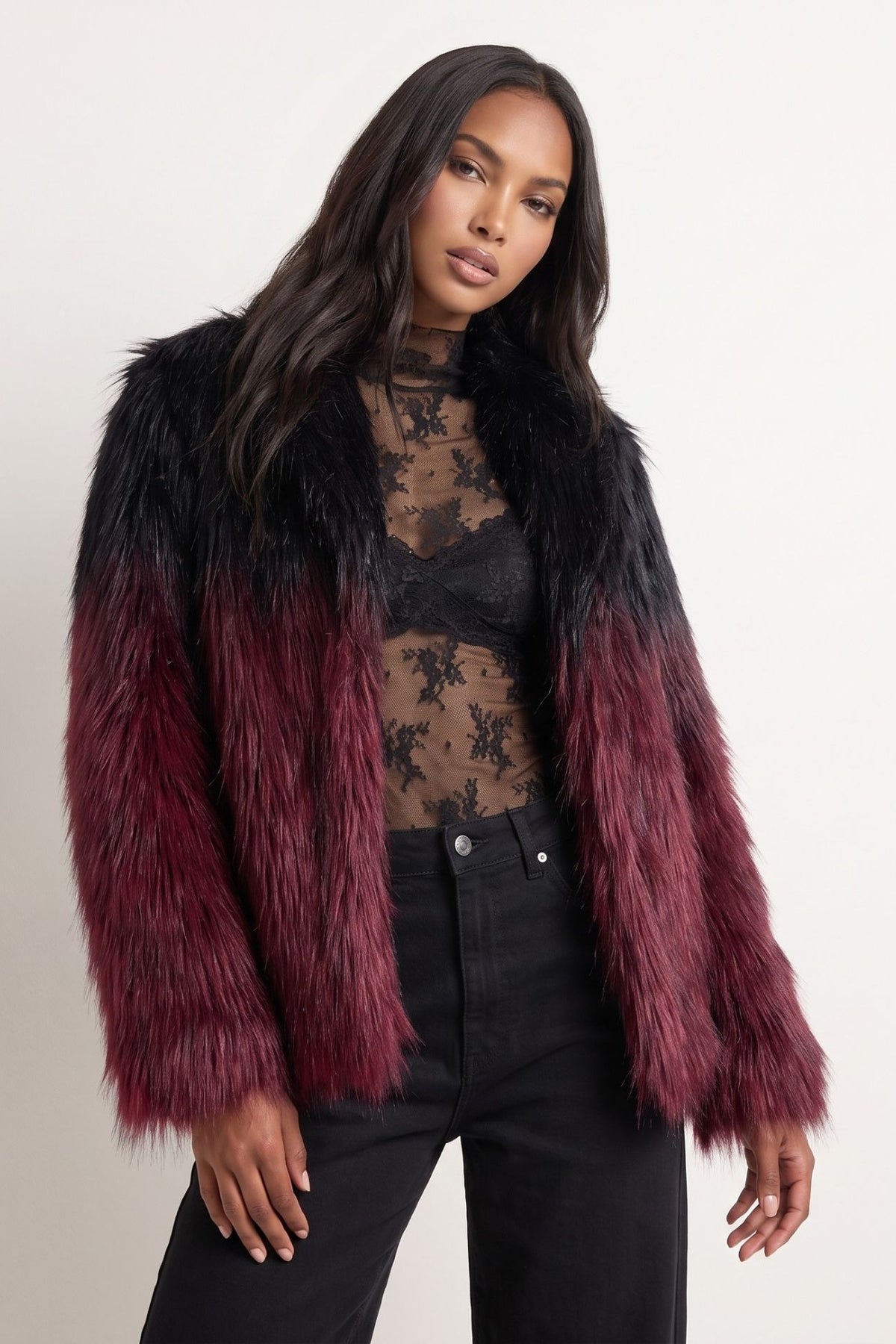 Vesper Ombre Fur Coat in Black-Burgundy