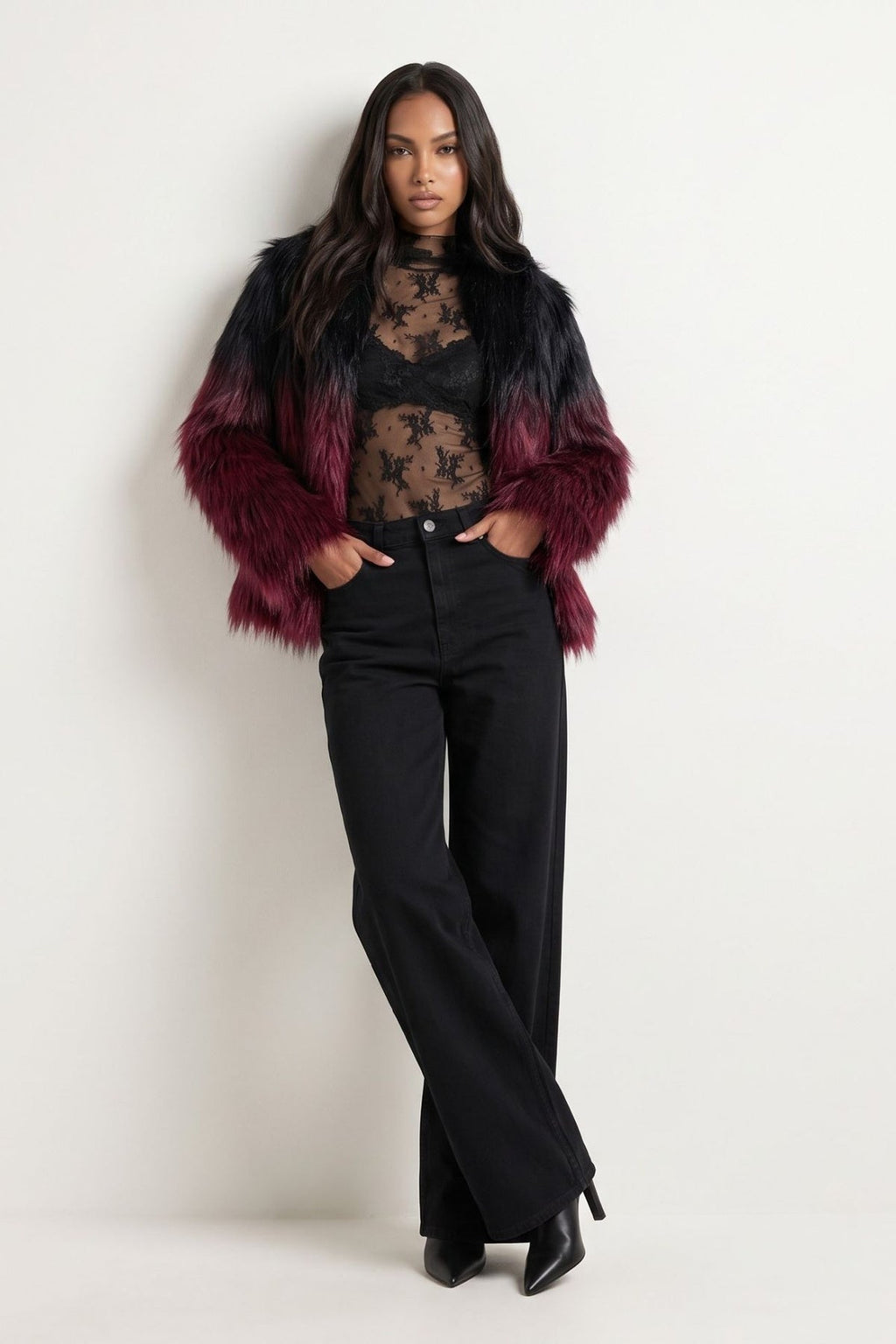 Vesper Ombre Fur Coat in Black-Burgundy