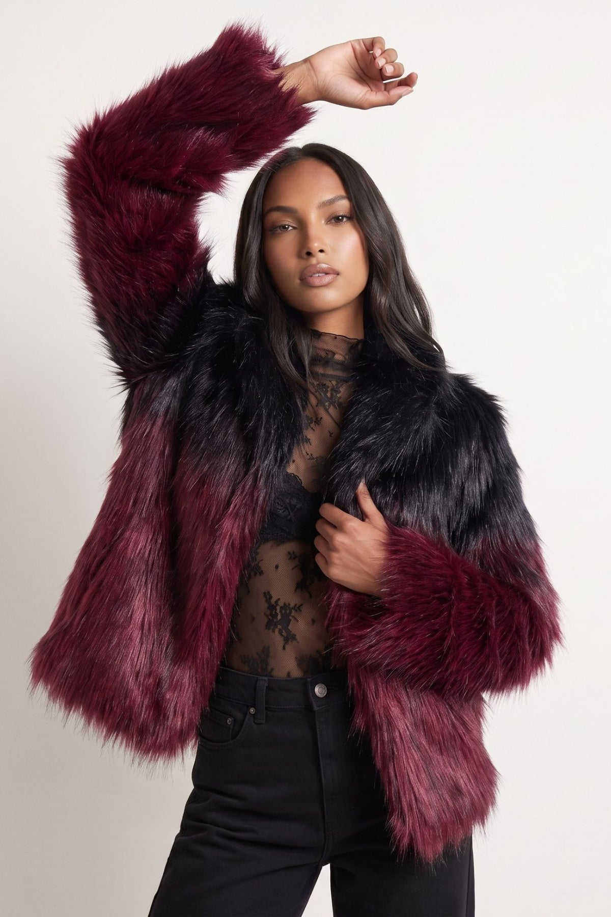 Vesper Ombre Fur Coat in Black-Burgundy