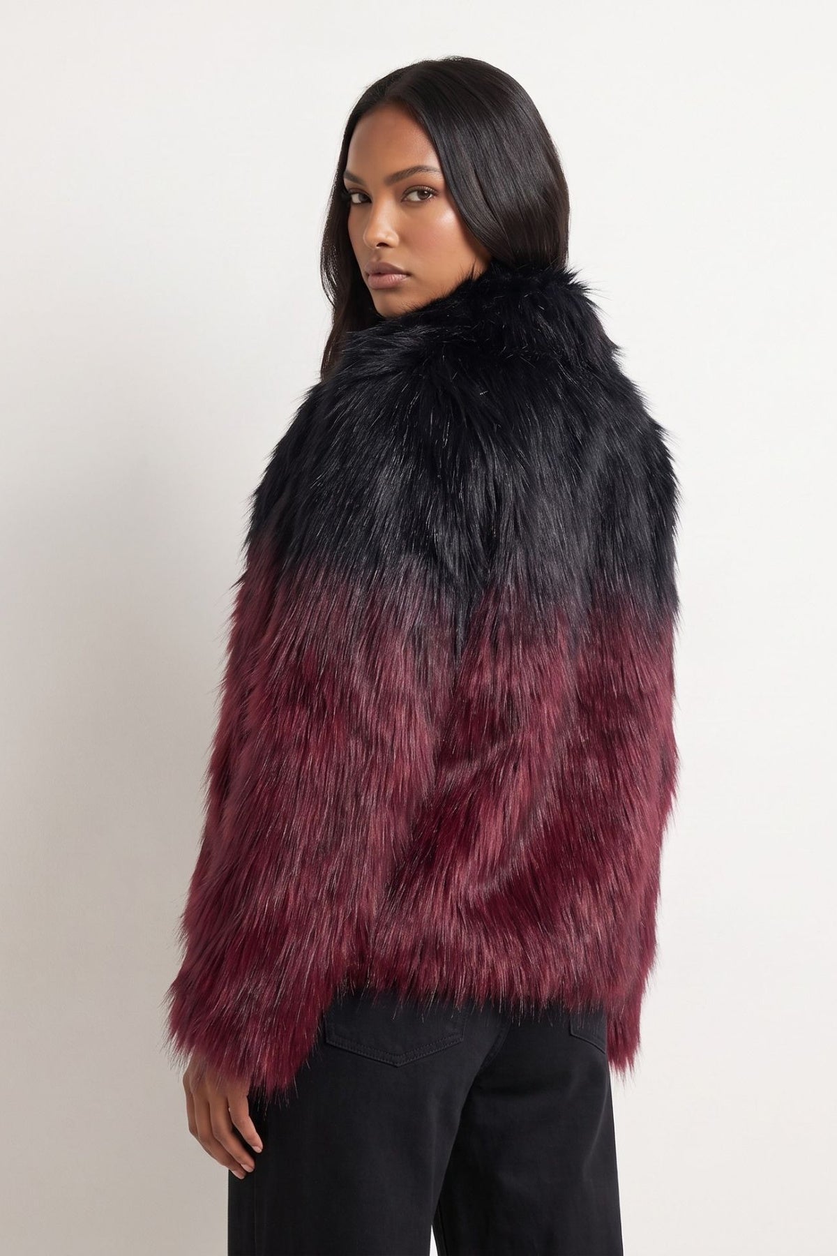 Vesper Ombre Fur Coat in Black-Burgundy