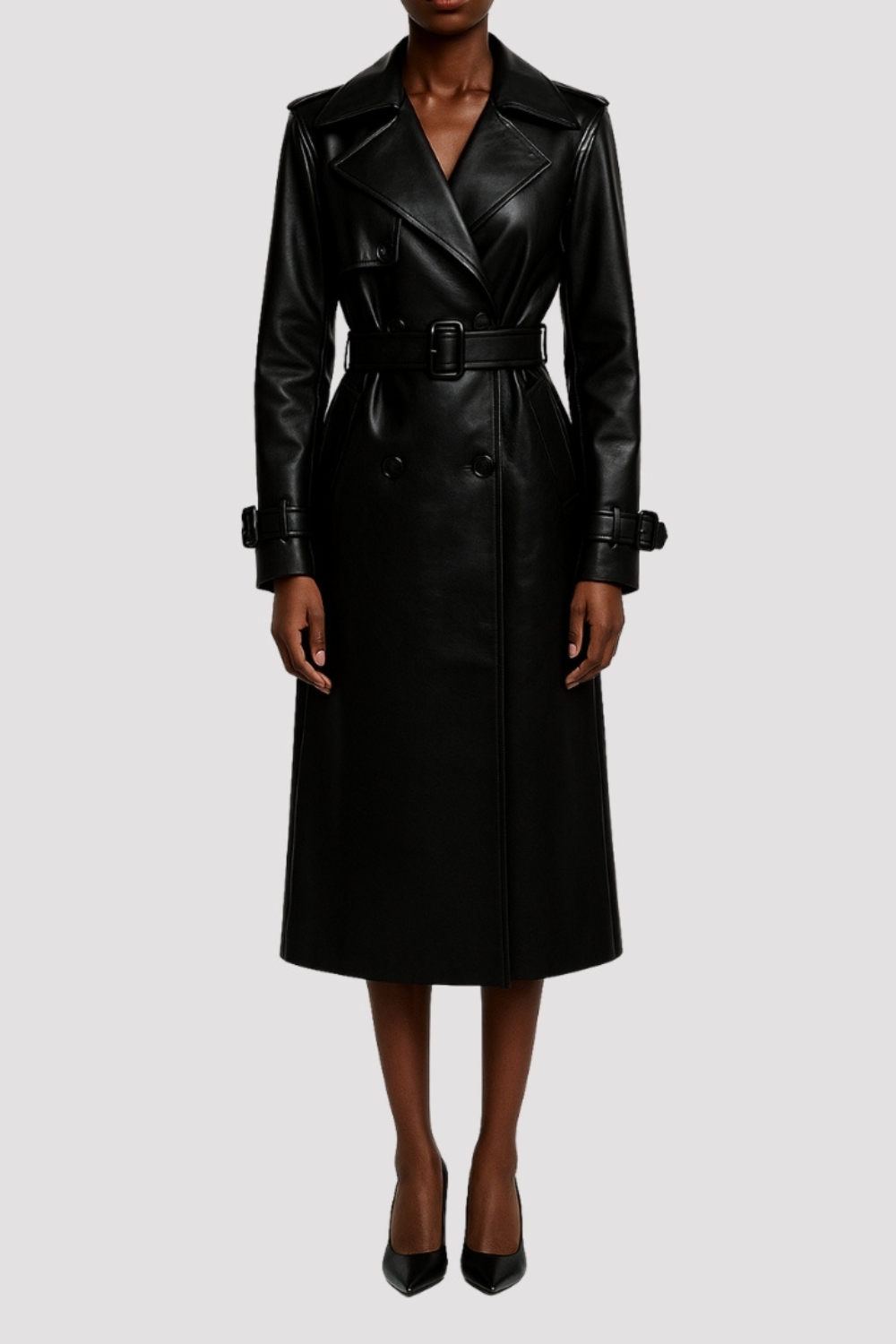 Elle Sophia PU Long Trench Coat in Black RRP £179