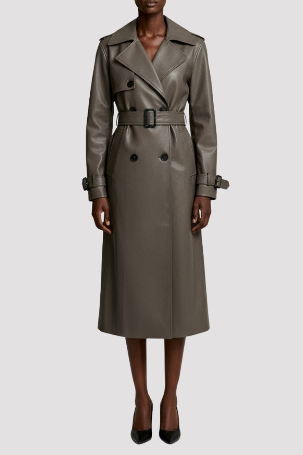 Elle Sophia PU Long Trench Coat in Buff RRP £179