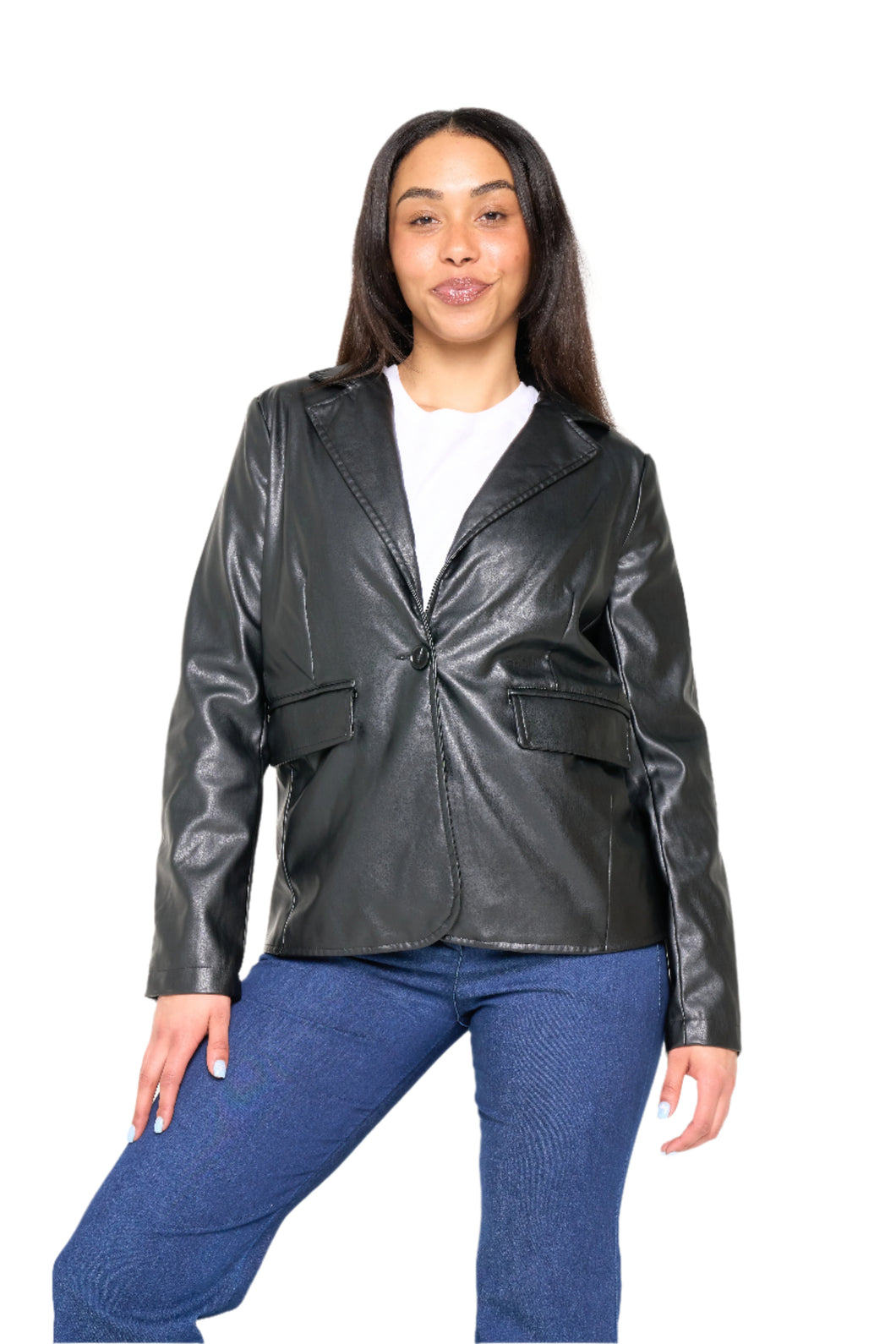 Fawn Nikki Faux Leather Blazer in Black RRP £129