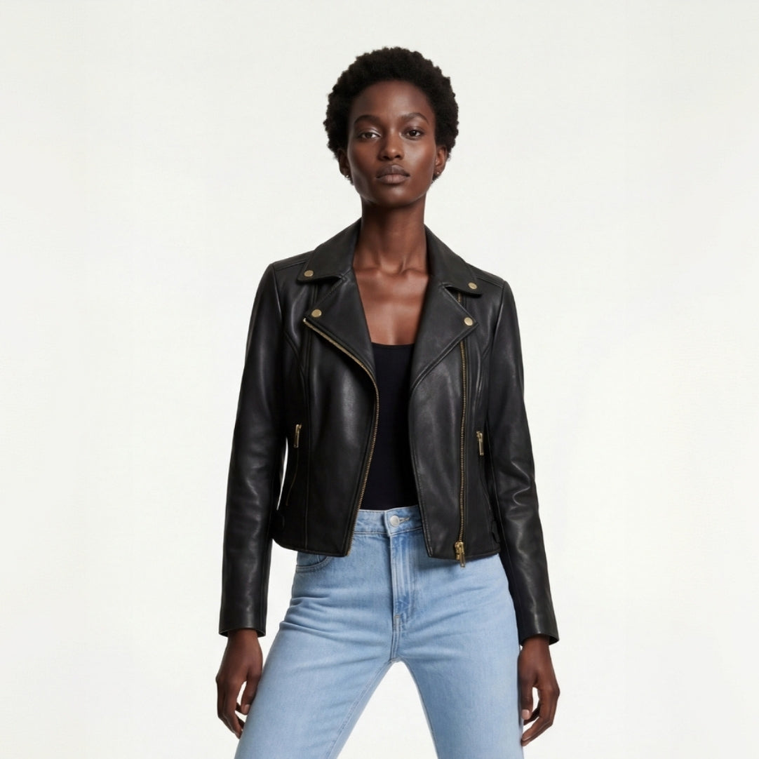 Leather Biker Jacket in Black RRP £259