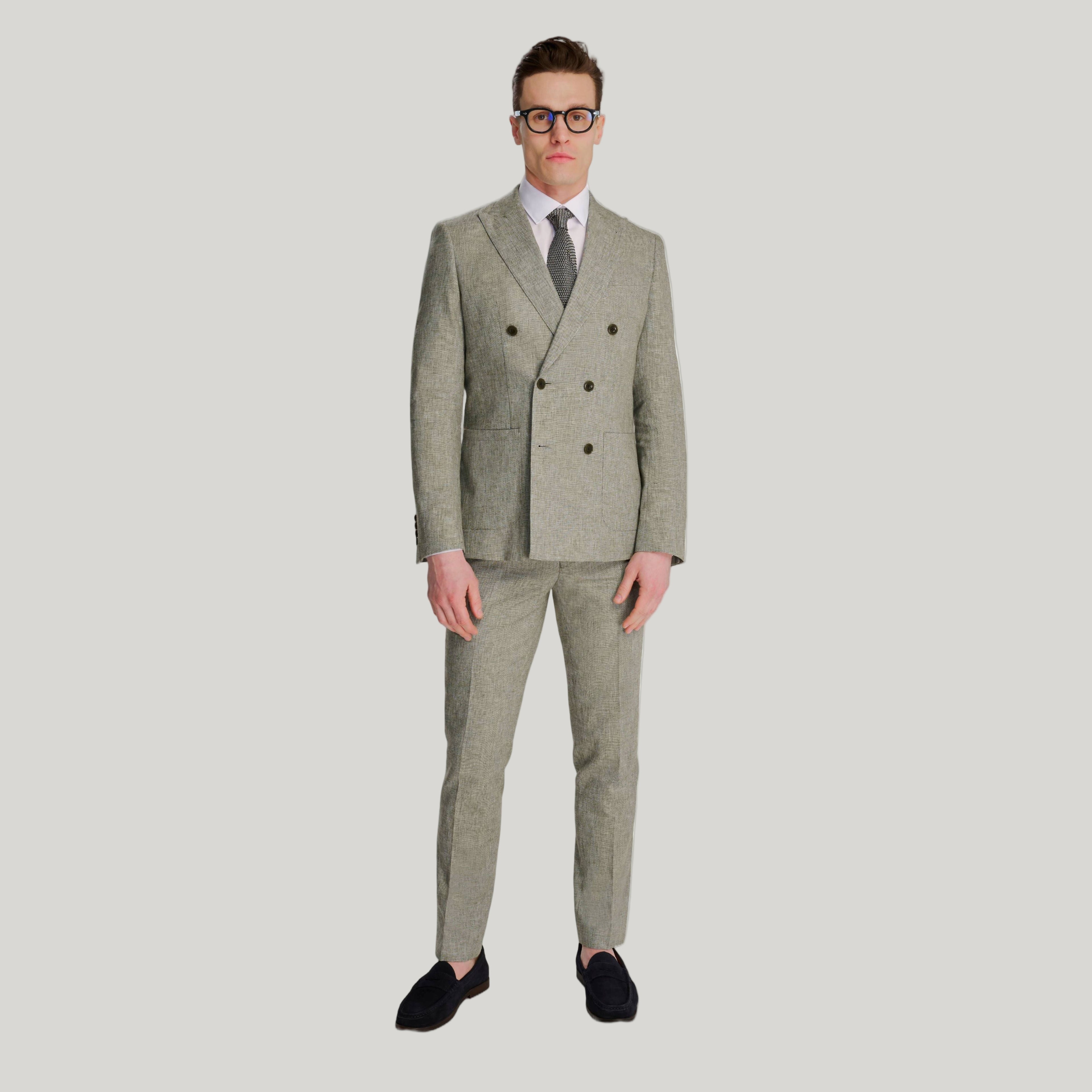Giacomo Slim Fit Cotton Linen Suit Trousers in Green RRP £75
