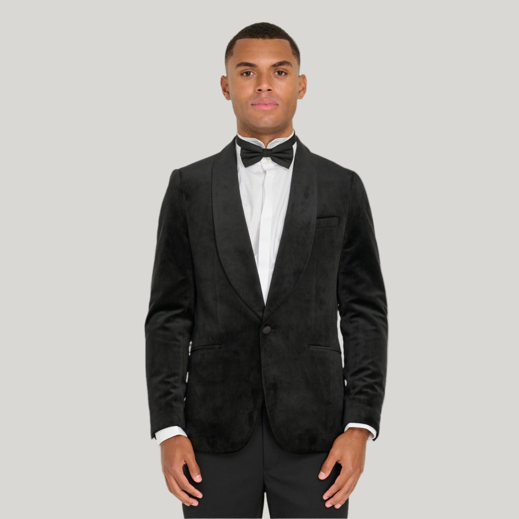 Leo Velvet Tuxedo Dinner Jacket with Shawl Lapel Detail in Black RRP £159