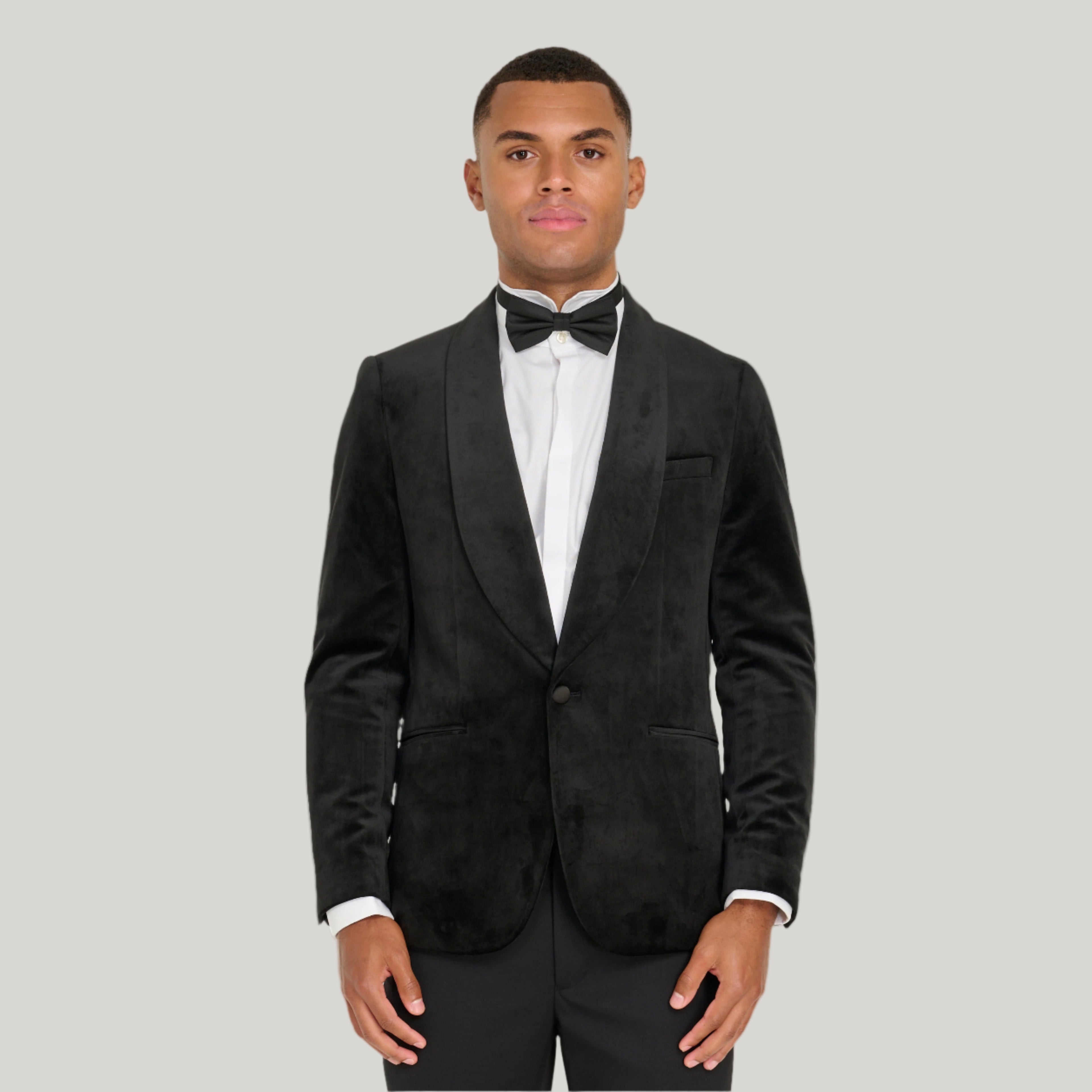 Leo Velvet Tuxedo Dinner Jacket with Shawl Lapel Detail in Black RRP £159
