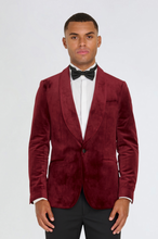 Load image into Gallery viewer, Leo Velvet Tuxedo Dinner Jacket with Shawl Lapel Detail in Burgundy  RRP £159
