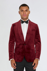 Leo Velvet Tuxedo Dinner Jacket with Shawl Lapel Detail in Burgundy  RRP £159