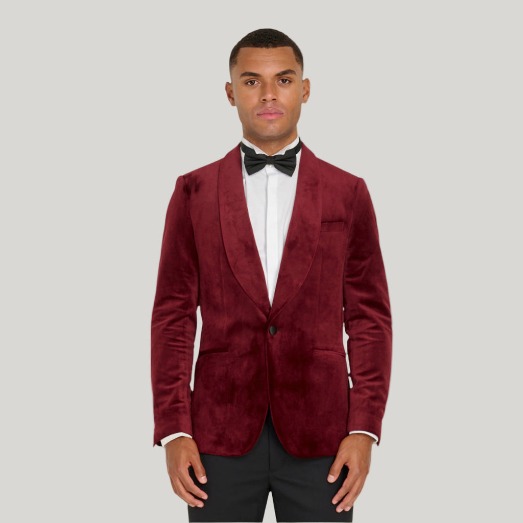 Leo Velvet Tuxedo Dinner Jacket with Shawl Lapel Detail in Burgundy  RRP £159