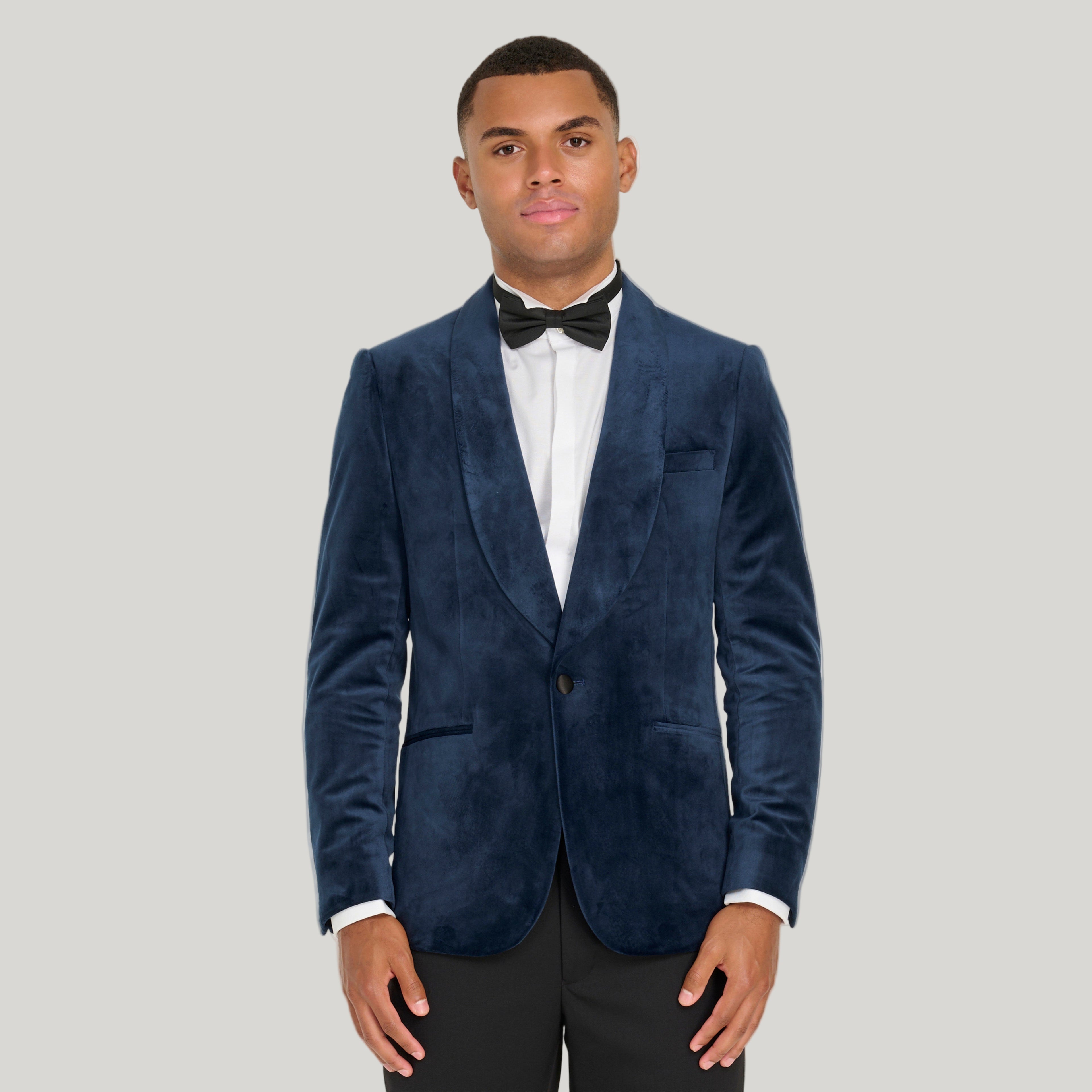 Leo Velvet Tuxedo Dinner Jacket with Shawl Lapel Detail in Navy RRP £159