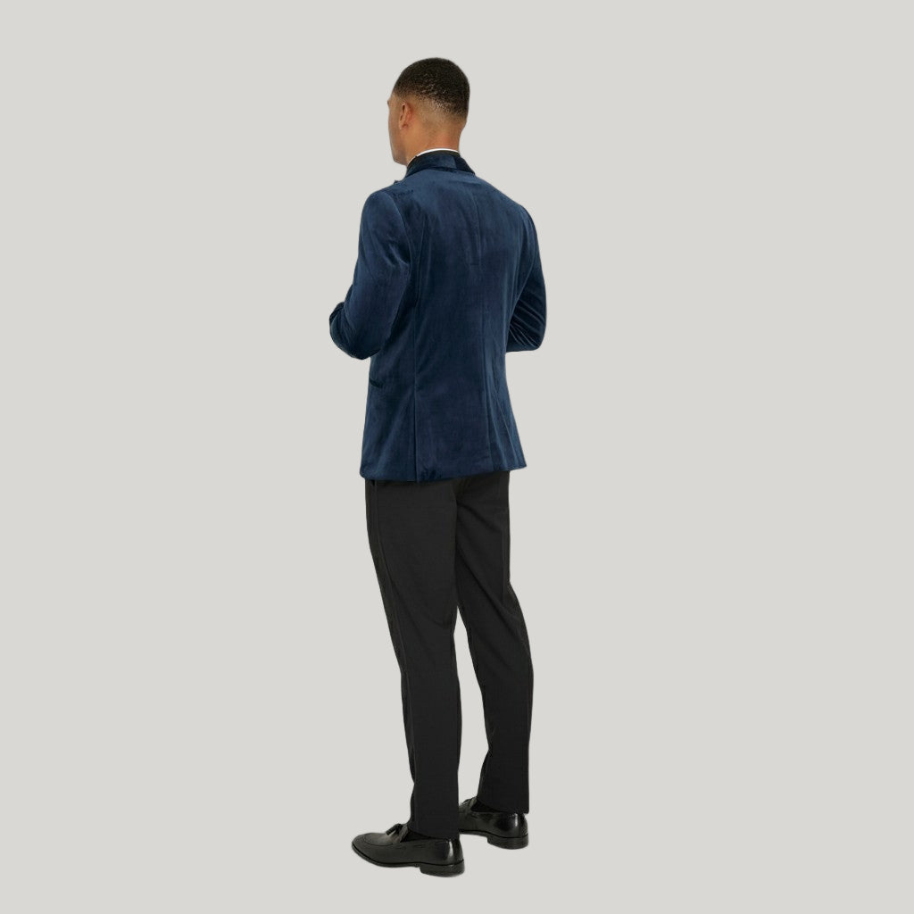 Leo Velvet Tuxedo Dinner Jacket with Shawl Lapel Detail in Navy RRP £159