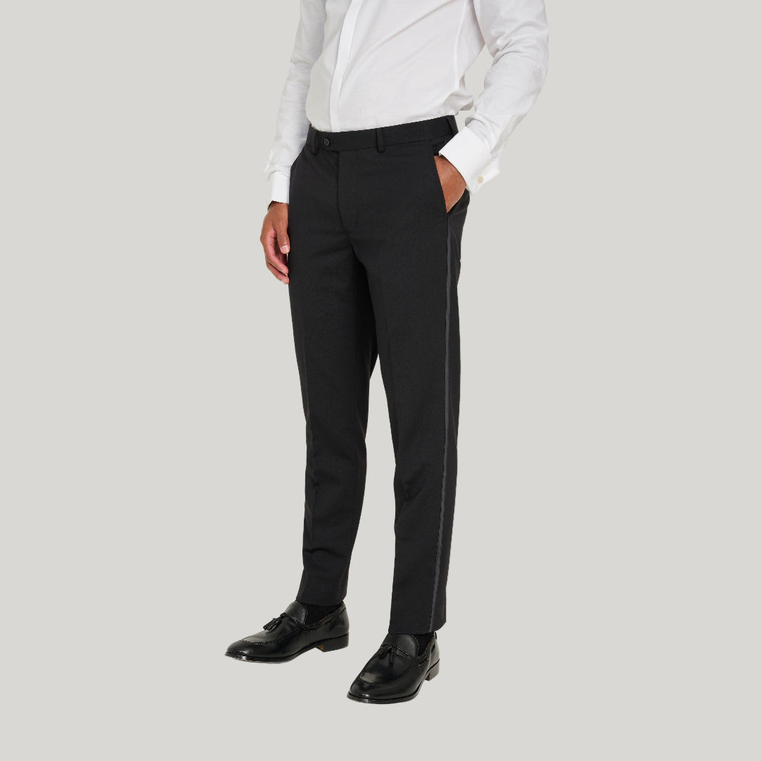 Leo Tuxedo Dinner Trousers with Satin Stripe Detail in Black RRP £89