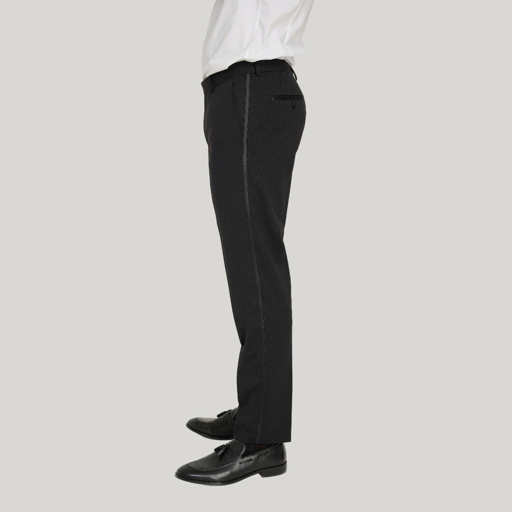 Leo Tuxedo Dinner Trousers with Satin Stripe Detail in Black RRP £89
