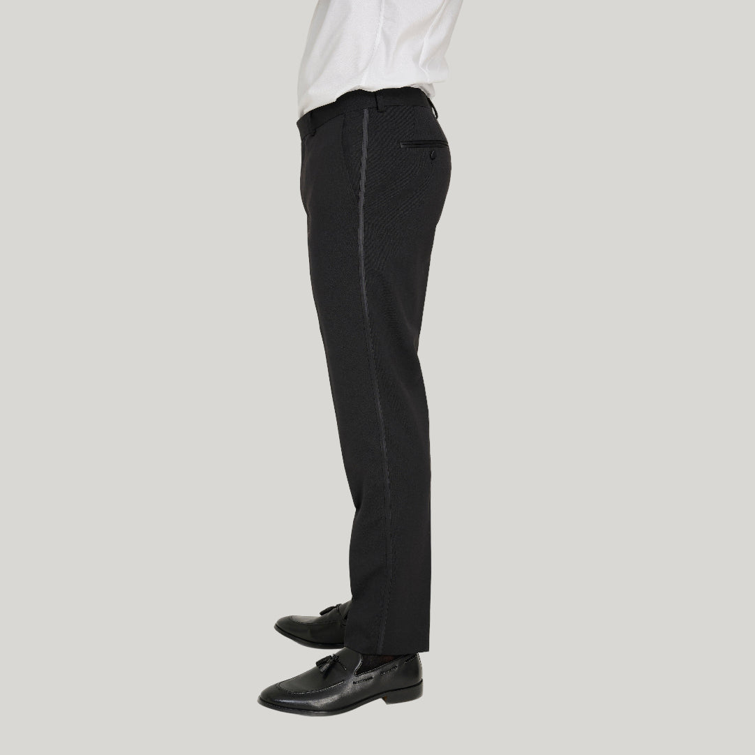 Leo Tuxedo Dinner Trousers with Satin Stripe Detail in Black RRP £89
