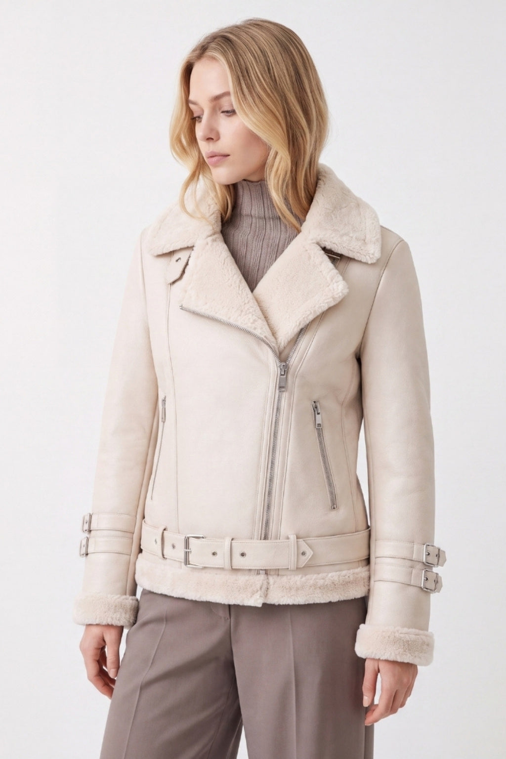 Elle Ines Faux-Shearling Biker Jacket Beige RRP £289