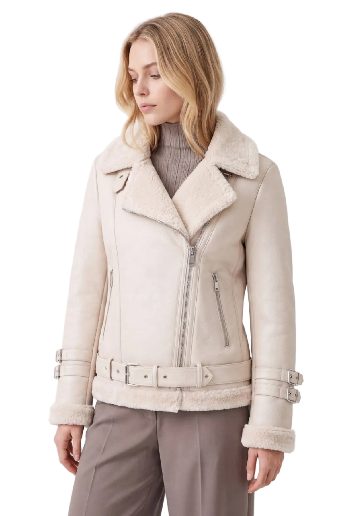 Elle Ines Faux-Shearling Biker Jacket Beige RRP £289