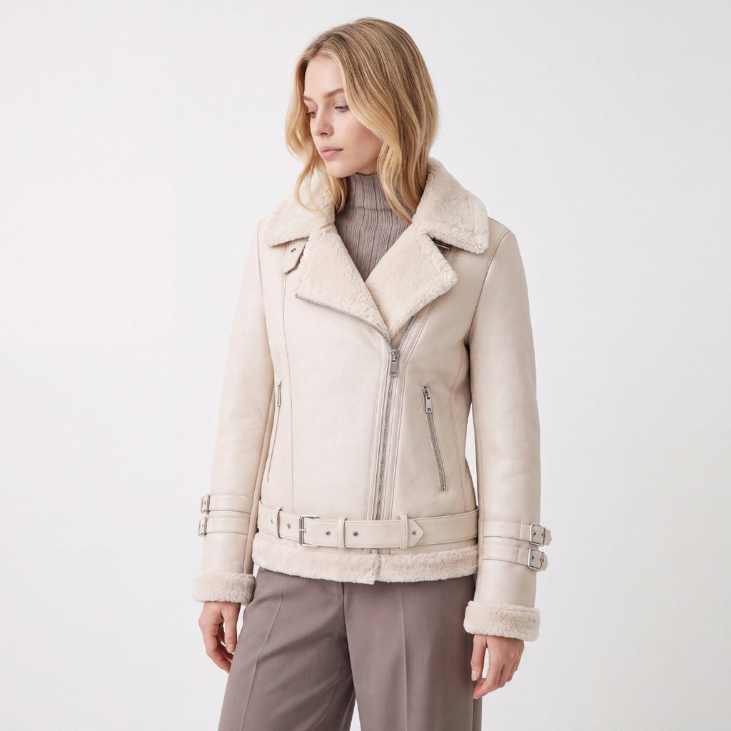 Elle Ines Faux-Shearling Biker Jacket Beige RRP £289