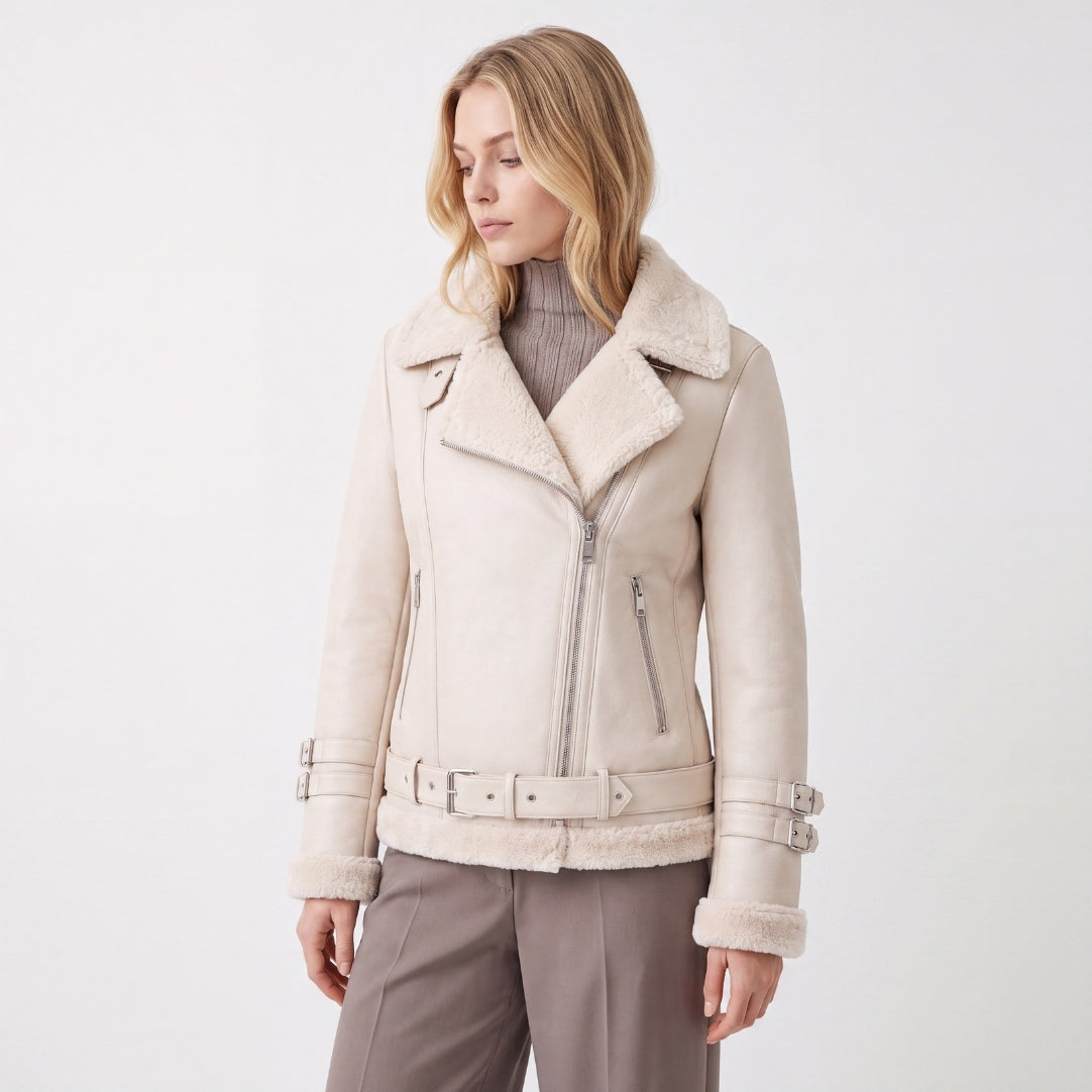 Elle Ines Faux-Shearling Biker Jacket Beige RRP £289