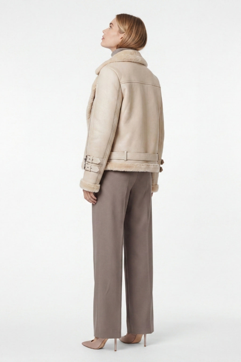 Elle Ines Faux-Shearling Biker Jacket Beige RRP £289