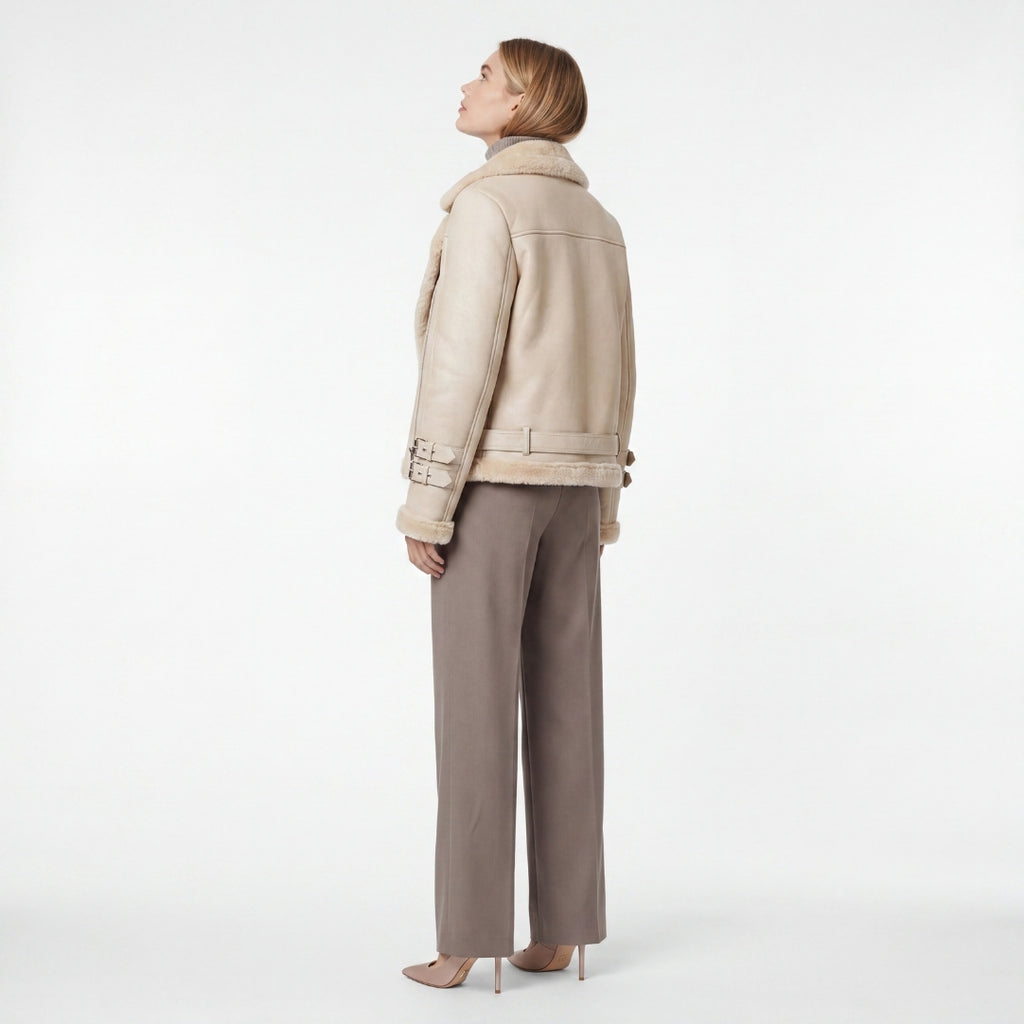 Elle Ines Faux-Shearling Biker Jacket Beige RRP £289