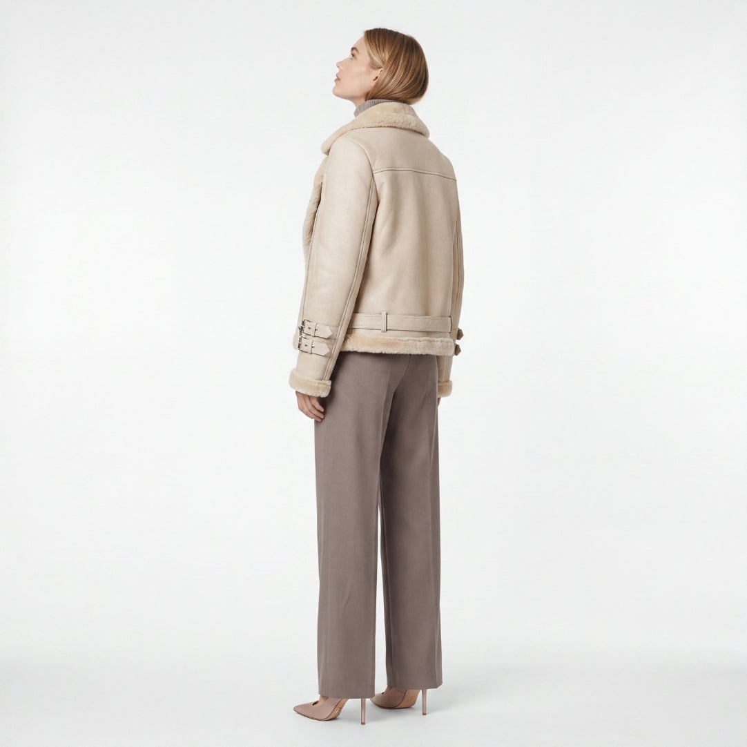 Elle Ines Faux-Shearling Biker Jacket Beige RRP £289