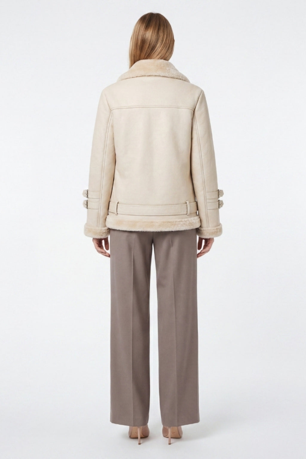 Elle Ines Faux-Shearling Biker Jacket Beige RRP £289