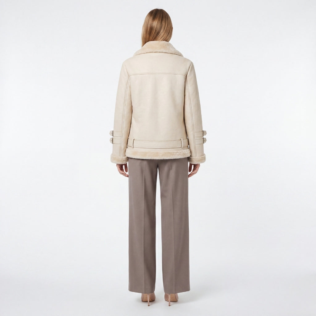 Elle Ines Faux-Shearling Biker Jacket Beige RRP £289