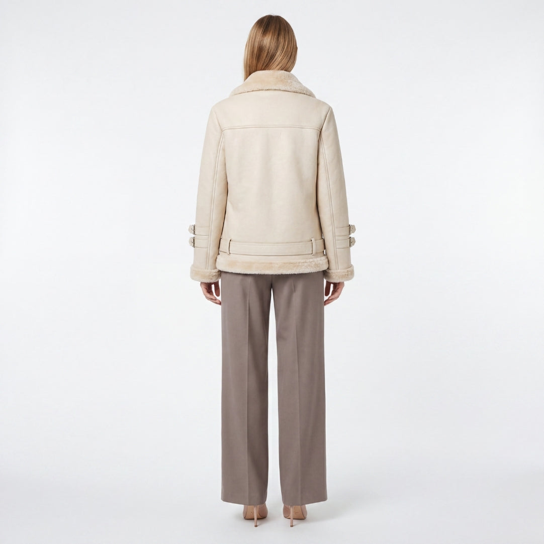 Elle Ines Faux-Shearling Biker Jacket Beige RRP £289