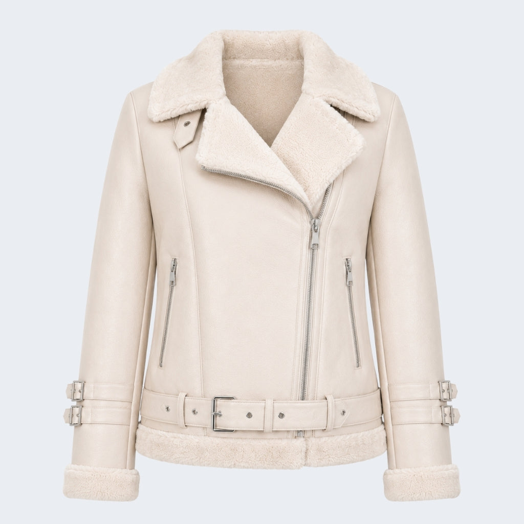 Elle Ines Faux-Shearling Biker Jacket Beige RRP £289